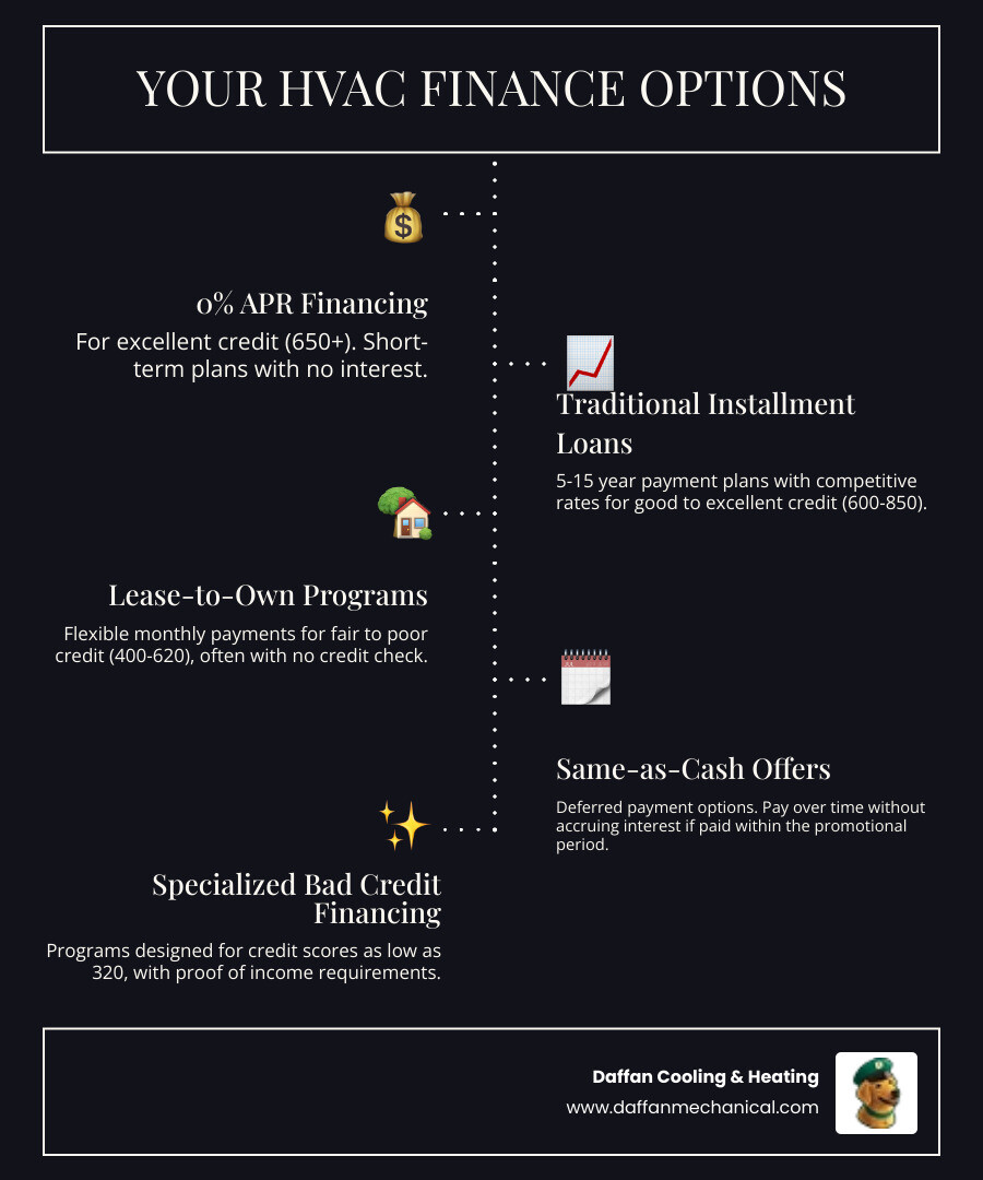 infographic showing HVAC financing options by credit score range, monthly payment examples, and long-term savings from energy-efficient systems versus repair costs of old units - hvac finance options glen rose tx infographic infographic-line-5-steps-dark infographic showing HVAC financing options by credit score range, monthly payment examples, and long-term savings from energy-efficient systems versus repair costs of old units - hvac finance options glen rose tx infographic infographic-line-5-steps-dark