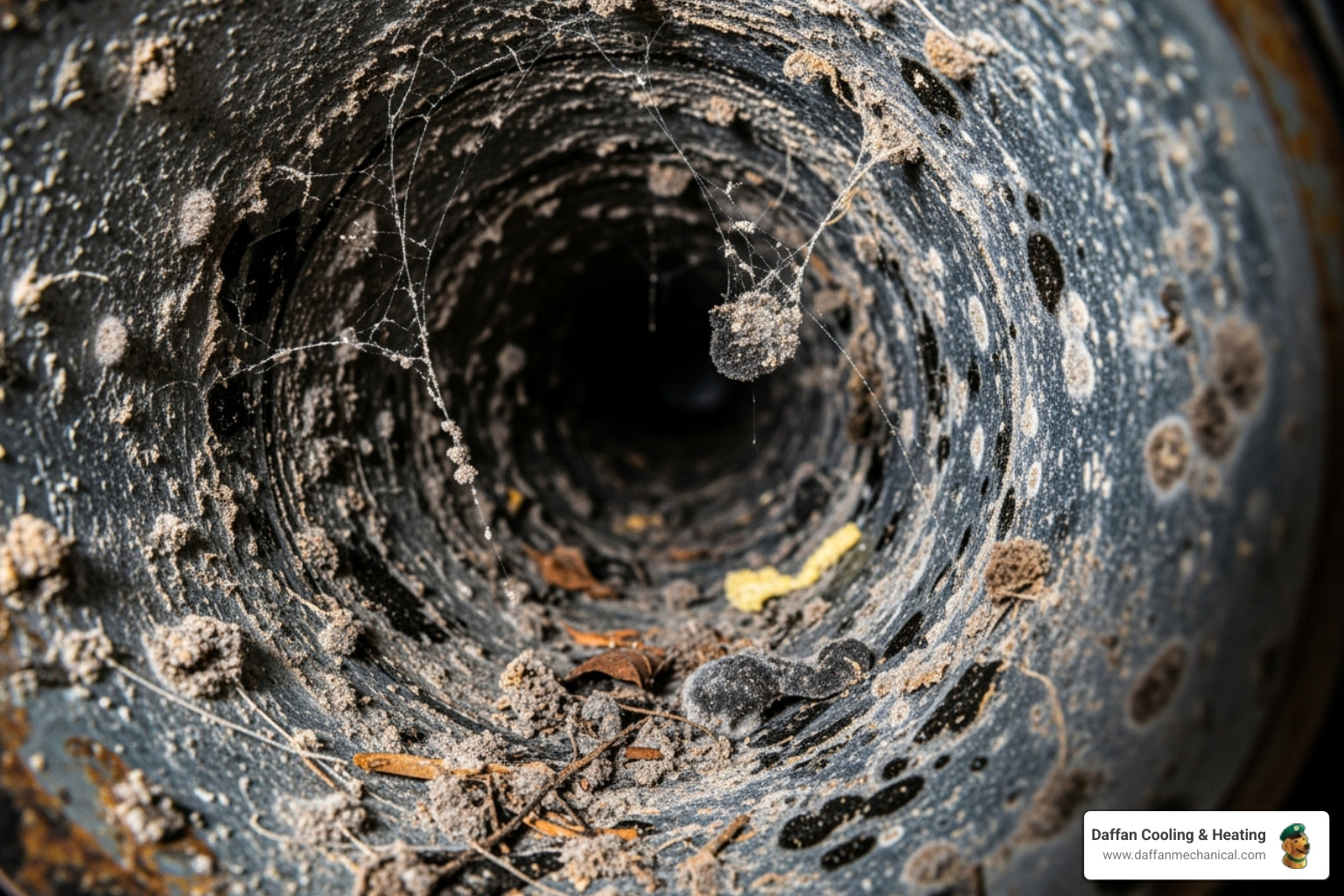 Inside of a dirty air duct showing dust, mold, and debris - duct cleaning granbury tx