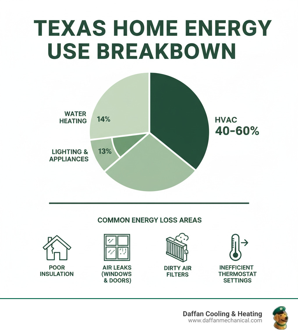 Infographic showing breakdown of home energy use in Texas, with HVAC accounting for 40-60% of total consumption, followed by water heating at 14%, lighting and appliances at 13%, and other uses making up the remainder. Highlights common areas of energy loss including poor insulation, air leaks around windows and doors, dirty air filters, and inefficient thermostat settings. - hvac energy tips weatherford tx infographic 
