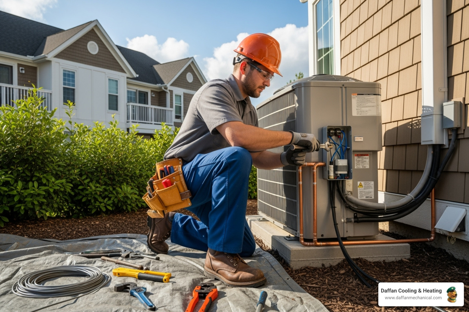 technician installing outdoor condenser unit - ac installation granbury tx