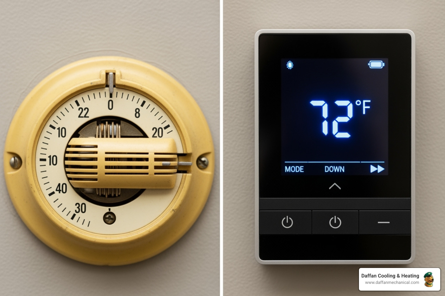 an old, yellowed analog thermostat next to a sleek, modern one - energy efficient thermostat weatherford tx an old, yellowed analog thermostat next to a sleek, modern one - energy efficient thermostat weatherford tx