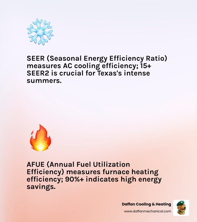 Infographic showing SEER ratings on the left (measuring cooling efficiency, higher is better, with 15+ SEER2 recommended for Texas) and AFUE ratings on the right (measuring heating efficiency as a percentage, with 90%+ considered high-efficiency). Visual comparison shows how a 16 SEER system uses nearly 40% less energy than a 10 SEER system for the same cooling output. - efficient hvac solutions glen rose tx infographic 2_facts_emoji_light-gradient Infographic showing SEER ratings on the left (measuring cooling efficiency, higher is better, with 15+ SEER2 recommended for Texas) and AFUE ratings on the right (measuring heating efficiency as a percentage, with 90%+ considered high-efficiency). Visual comparison shows how a 16 SEER system uses nearly 40% less energy than a 10 SEER system for the same cooling output. - efficient hvac solutions glen rose tx infographic 2_facts_emoji_light-gradient