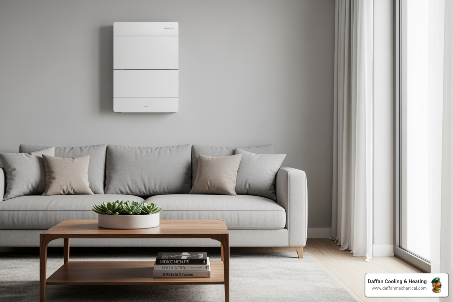 A sleek, wall-mounted ductless mini-split unit blends seamlessly into a modern living room, providing quiet and efficient zone-specific cooling and heating. - efficient hvac solutions glen rose tx A sleek, wall-mounted ductless mini-split unit blends seamlessly into a modern living room, providing quiet and efficient zone-specific cooling and heating. - efficient hvac solutions glen rose tx