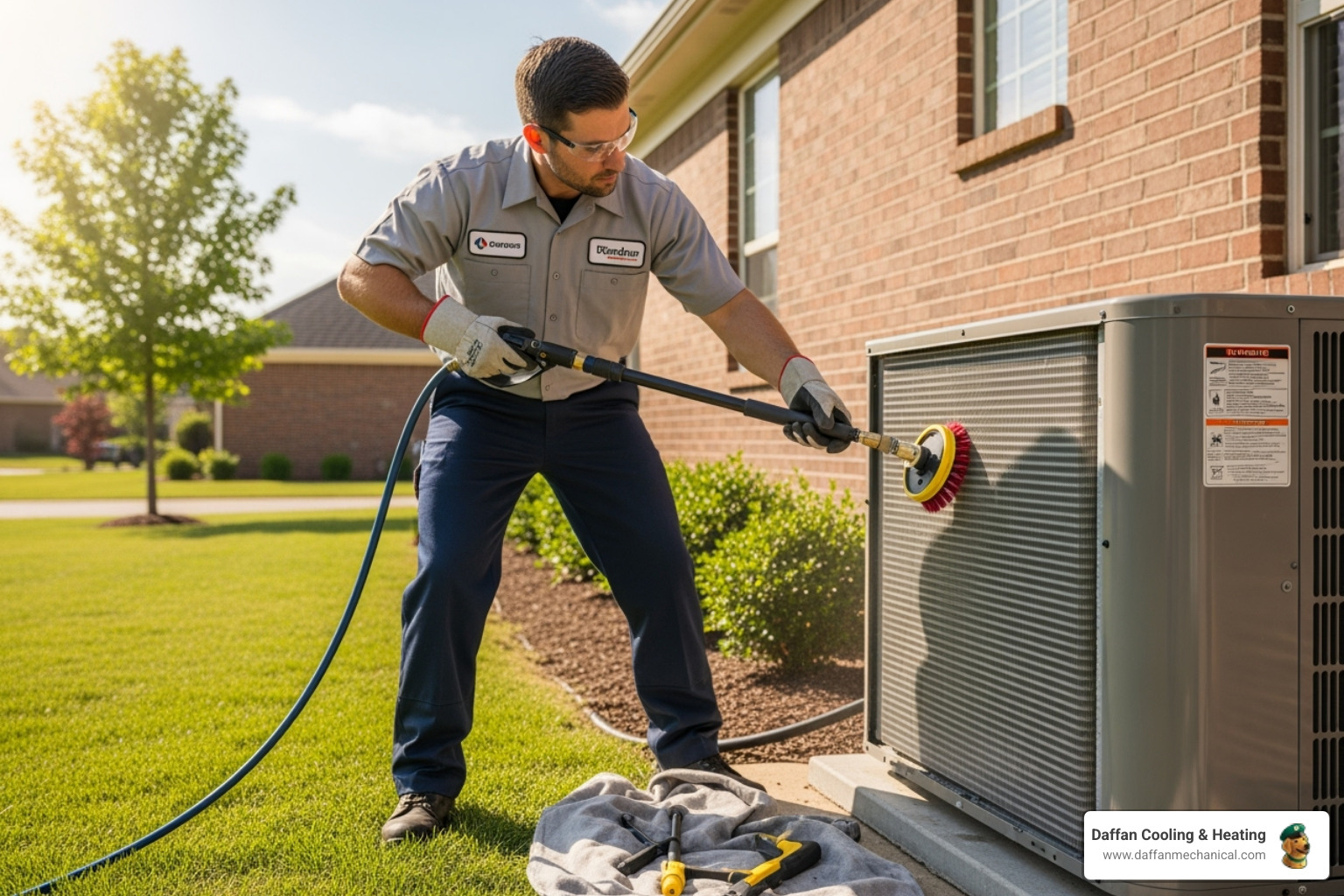 A skilled HVAC technician diligently cleans the outdoor coils of an air conditioning unit, ensuring optimal performance and energy efficiency. - efficient hvac solutions glen rose tx A skilled HVAC technician diligently cleans the outdoor coils of an air conditioning unit, ensuring optimal performance and energy efficiency. - efficient hvac solutions glen rose tx