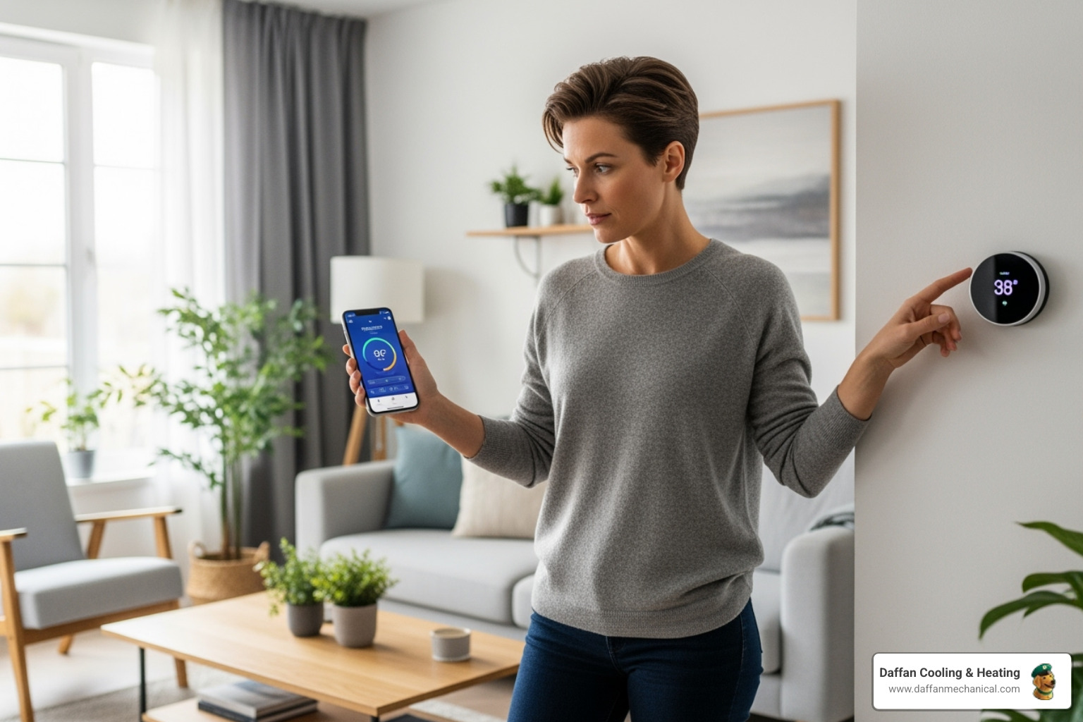 Homeowner adjusting smart thermostat with phone - hvac energy tips weatherford tx