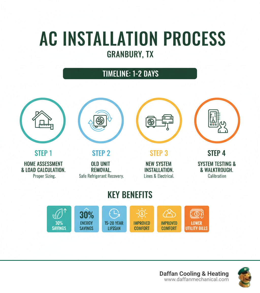 Infographic showing the AC installation process: Step 1 - Home assessment and load calculation to determine proper system size; Step 2 - Removal of old unit with safe refrigerant recovery; Step 3 - Installation of new outdoor condenser and indoor air handler with refrigerant lines and electrical connections; Step 4 - System testing, thermostat calibration, and homeowner walkthrough. Includes timeline of 1-2 days and key benefits: 30% energy savings, 15-20 year lifespan, improved comfort, and lower utility bills - ac installation granbury tx infographic 
