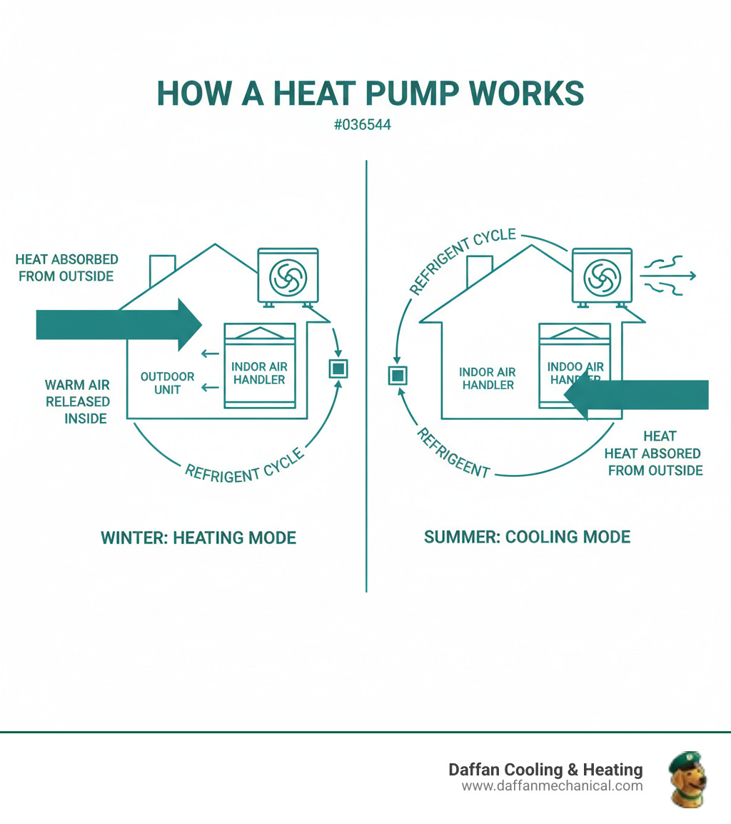 Infographic showing how a heat pump works in both heating and cooling modes, with arrows indicating heat transfer from outside to inside during winter, and from inside to outside during summer, including labels for the outdoor unit, indoor air handler, refrigerant cycle, and reversing valve - heat pump repair granbury tx infographic