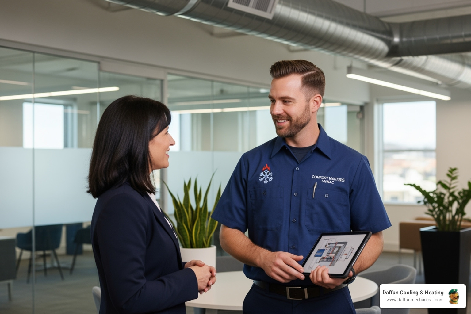 friendly, professional HVAC technician talking with a business owner - hvac contractor for business glen rose tx