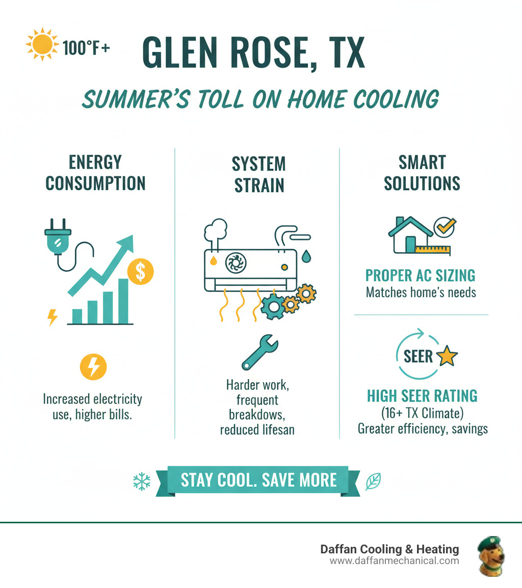 Infographic showing the impact of Glen Rose's 100-degree summer temperatures on home cooling needs, including increased energy consumption, system strain, and the importance of proper AC sizing and SEER ratings for Texas climate conditions - air conditioning installation glen rose tx infographic Infographic showing the impact of Glen Rose's 100-degree summer temperatures on home cooling needs, including increased energy consumption, system strain, and the importance of proper AC sizing and SEER ratings for Texas climate conditions - air conditioning installation glen rose tx infographic