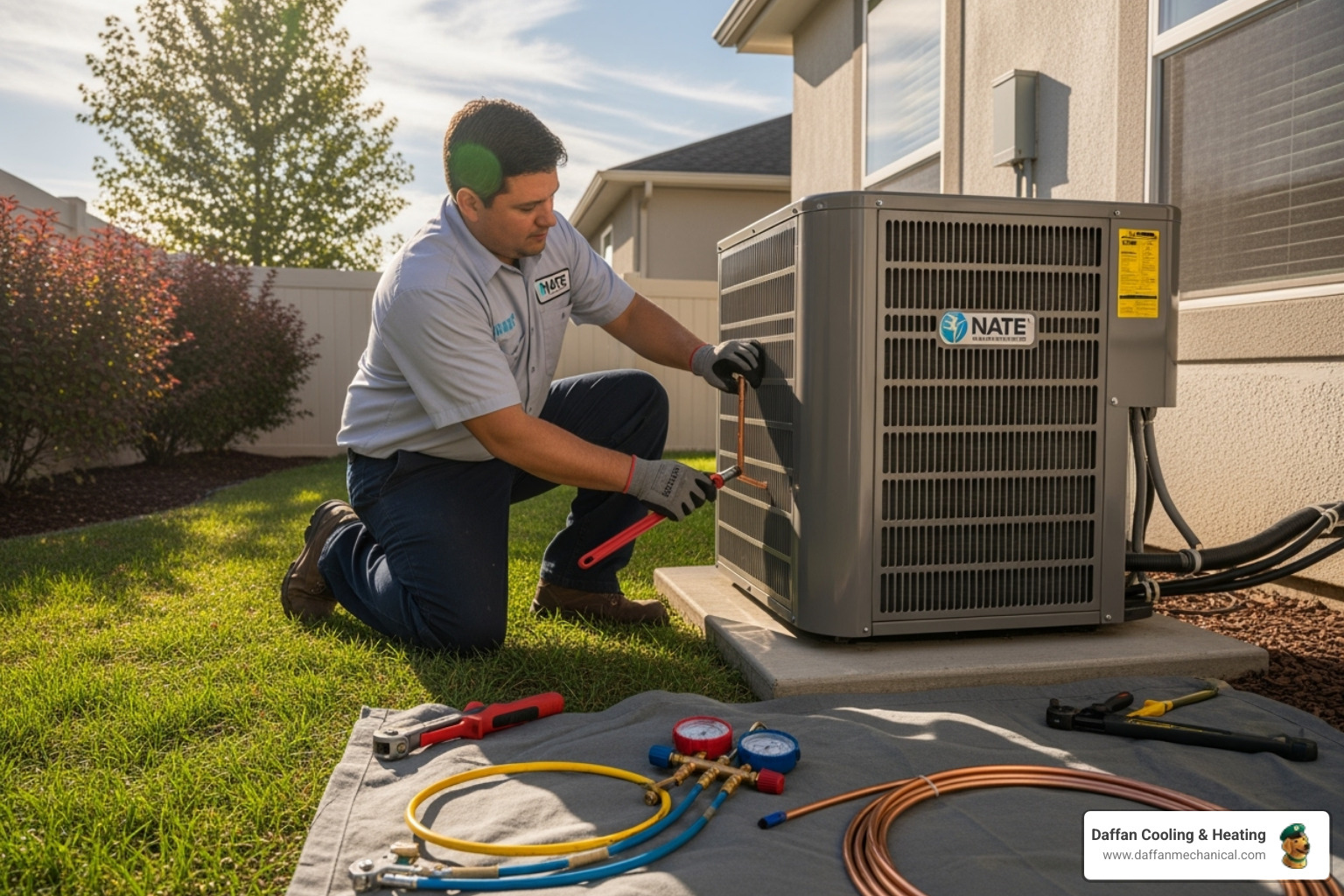 NATE-certified technician installing a new condenser unit - air conditioning installation glen rose tx NATE-certified technician installing a new condenser unit - air conditioning installation glen rose tx