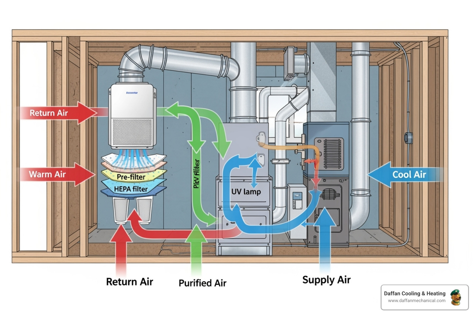 diagram showing how a whole-home air purifier connects to an existing HVAC system's ductwork - whole home air purification granbury