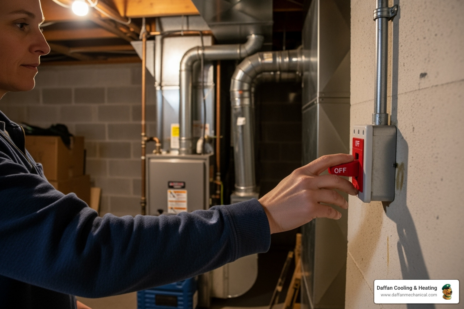 Image of a homeowner safely turning off the power switch to their furnace. - emergency heating repair weatherford Image of a homeowner safely turning off the power switch to their furnace. - emergency heating repair weatherford
