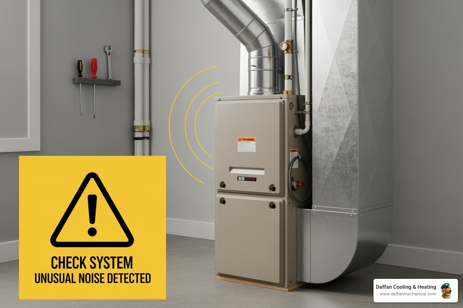 Image of a furnace making a strange rattling noise with a warning symbol overlay. - emergency heating repair weatherford Image of a furnace making a strange rattling noise with a warning symbol overlay. - emergency heating repair weatherford