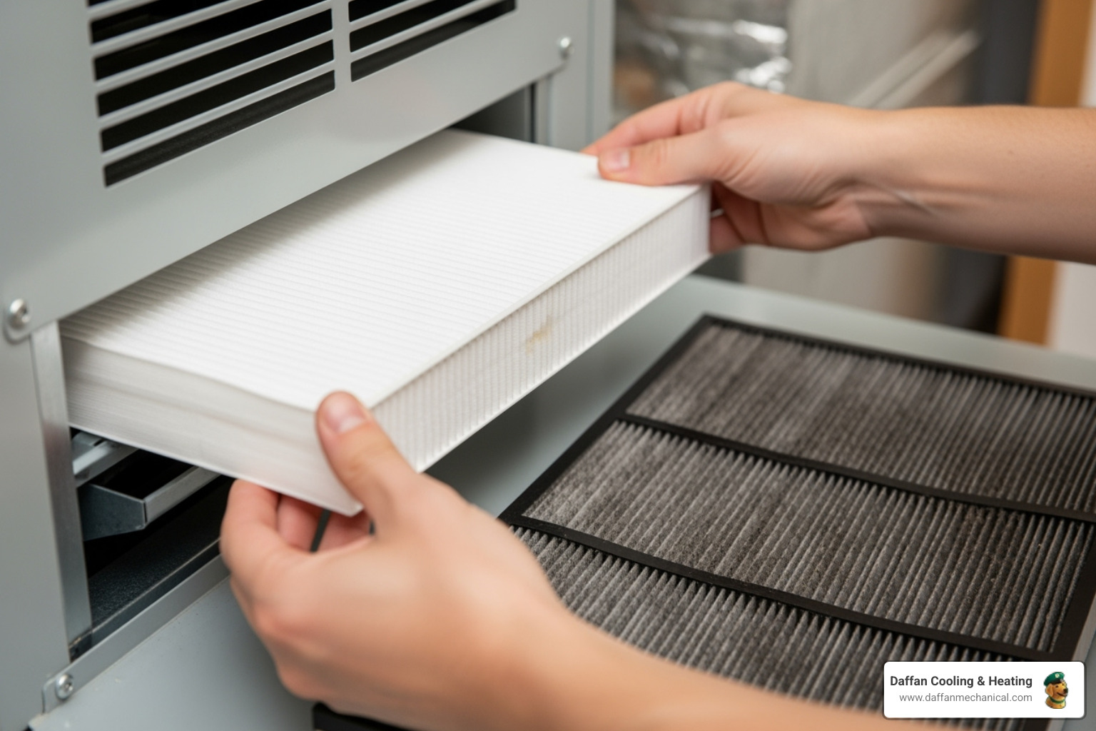 A close-up image of a homeowner's hands easily sliding a clean, new air filter into an HVAC unit's filter slot, with the old dirty filter visible nearby. - emergency hvac repair weatherford tx
