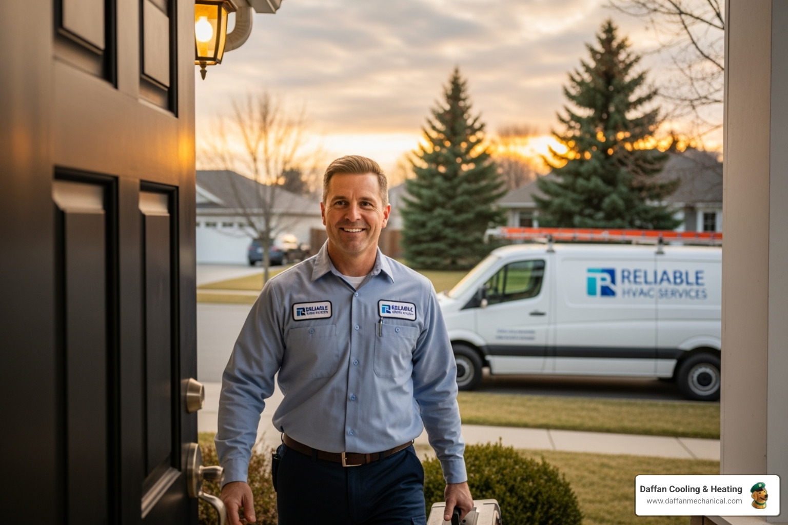 A friendly HVAC technician, dressed in a clean uniform, smiling and arriving at a residential home during the evening, with a service van visible in the background. - emergency hvac repair weatherford tx