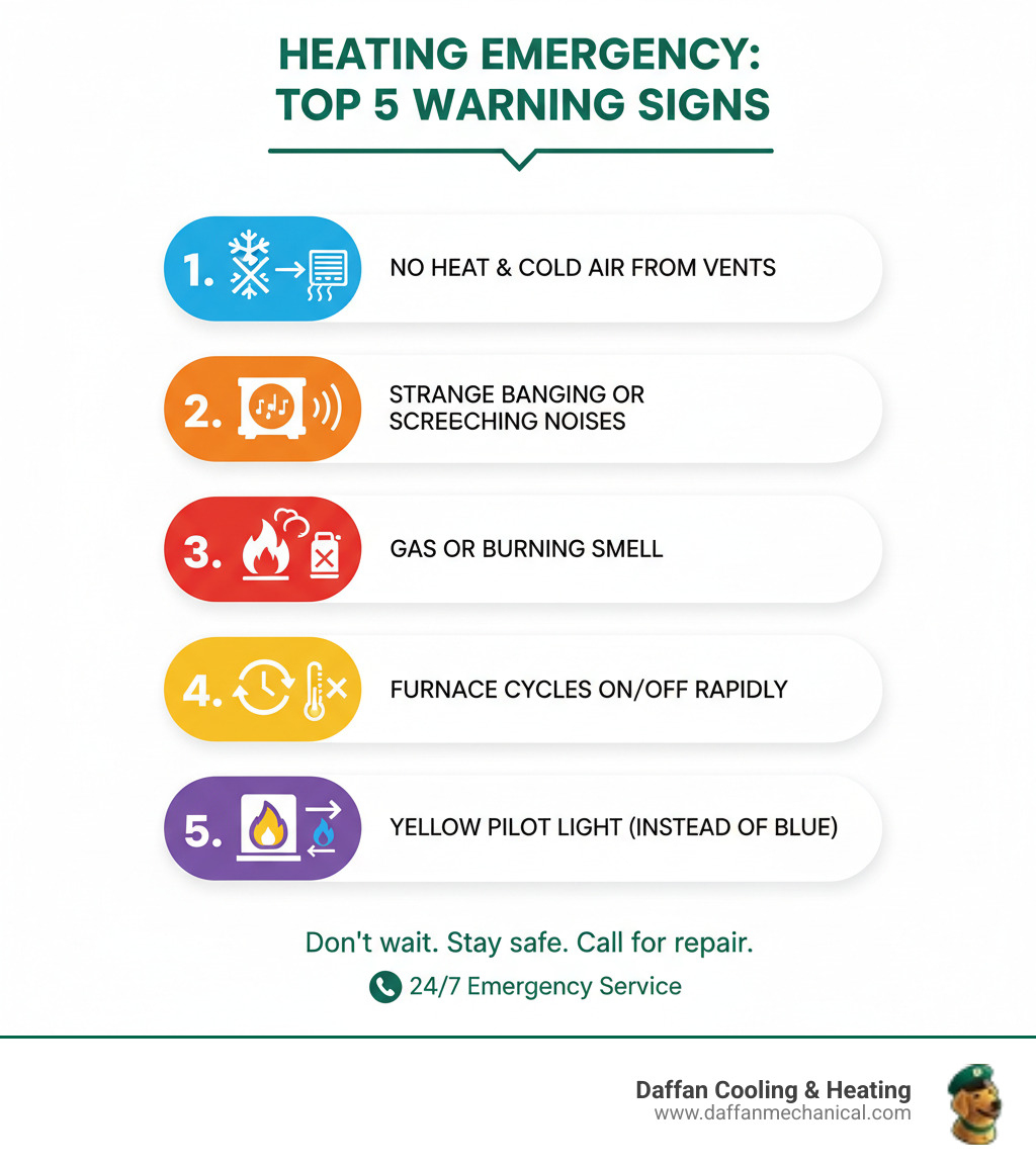 Infographic showing the top 5 signs of a heating emergency: 1) No heat at all with cold air blowing from vents, 2) Strange noises like banging or screeching sounds, 3) Gas or burning smell coming from the unit, 4) Furnace cycling on and off rapidly without heating, 5) Yellow pilot light instead of blue indicating incomplete combustion - emergency heating repair weatherford infographic  Infographic showing the top 5 signs of a heating emergency: 1) No heat at all with cold air blowing from vents, 2) Strange noises like banging or screeching sounds, 3) Gas or burning smell coming from the unit, 4) Furnace cycling on and off rapidly without heating, 5) Yellow pilot light instead of blue indicating incomplete combustion - emergency heating repair weatherford infographic