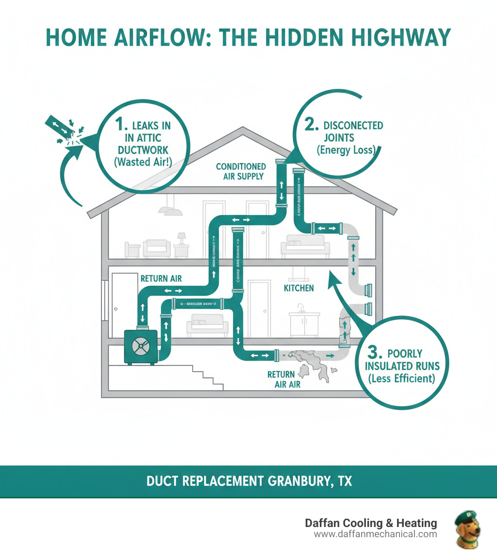 Infographic showing cross-section of a home with arrows indicating how air ducts circulate conditioned air from the HVAC system through supply ducts to each room, then return through return ducts back to the system, with callouts highlighting common problem areas like leaks in attic ductwork, disconnected joints, and poorly insulated runs - duct replacement granbury tx infographic  Infographic showing cross-section of a home with arrows indicating how air ducts circulate conditioned air from the HVAC system through supply ducts to each room, then return through return ducts back to the system, with callouts highlighting common problem areas like leaks in attic ductwork, disconnected joints, and poorly insulated runs - duct replacement granbury tx infographic