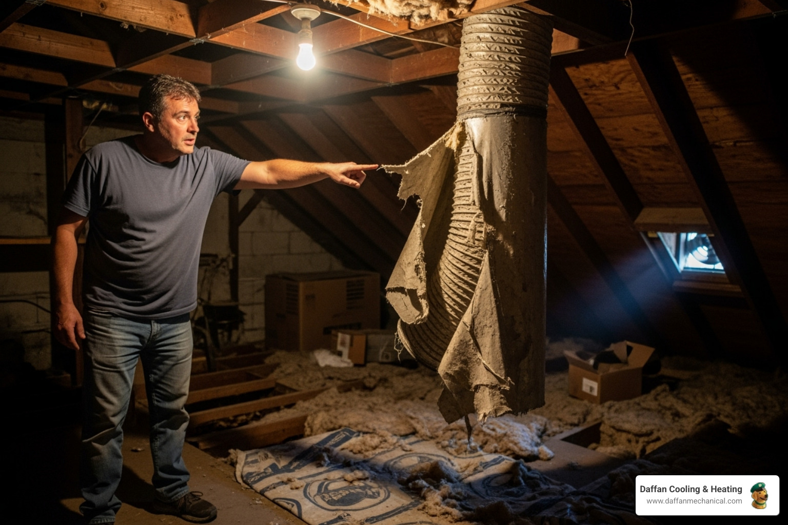 A homeowner points to a visibly torn and dusty flexible air duct in their attic, highlighting the need for inspection and potential replacement - duct replacement granbury tx A homeowner points to a visibly torn and dusty flexible air duct in their attic, highlighting the need for inspection and potential replacement - duct replacement granbury tx