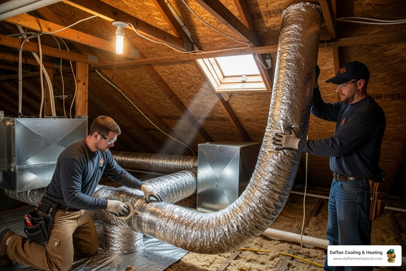Technicians in a residential attic carefully installing new, silver, insulated flexible ductwork, ensuring connections are sealed. - duct replacement granbury tx Technicians in a residential attic carefully installing new, silver, insulated flexible ductwork, ensuring connections are sealed. - duct replacement granbury tx