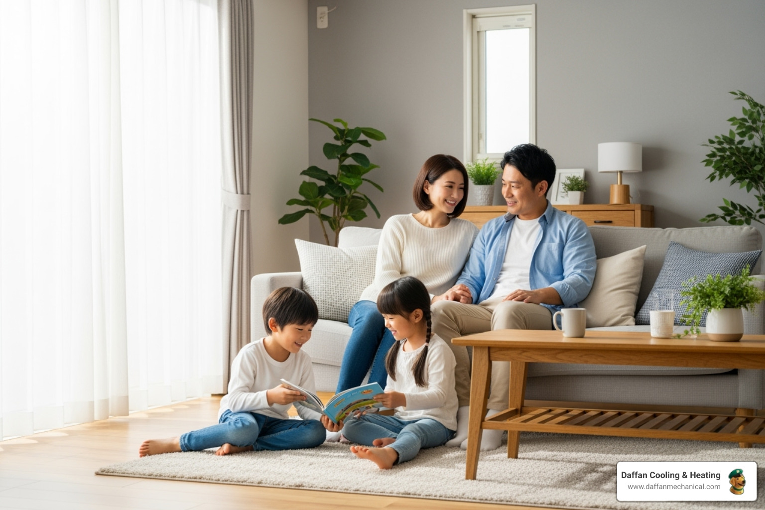 A happy family enjoying a comfortable and clean living room, with a subtle hint of fresh air and consistent temperature, representing the benefits of new ductwork. - duct replacement granbury tx A happy family enjoying a comfortable and clean living room, with a subtle hint of fresh air and consistent temperature, representing the benefits of new ductwork. - duct replacement granbury tx