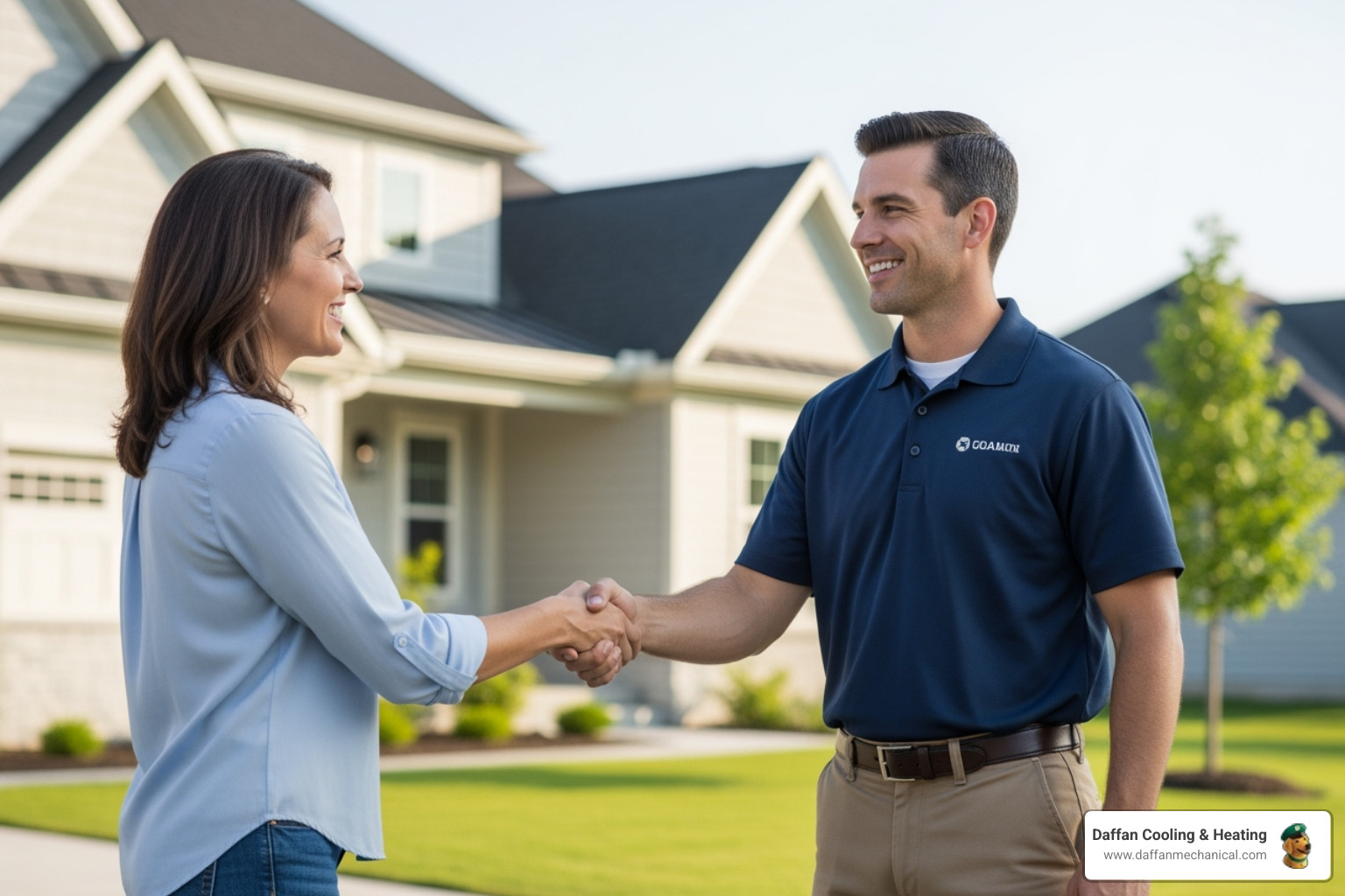 A technician in a uniform shaking hands with a Granbury homeowner in front of a house, symbolizing trust and quality service - duct replacement granbury tx A technician in a uniform shaking hands with a Granbury homeowner in front of a house, symbolizing trust and quality service - duct replacement granbury tx