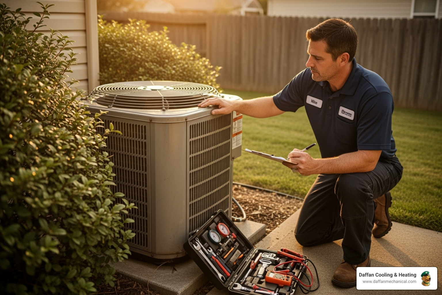 A skilled HVAC technician is carefully assessing an older outdoor HVAC unit, taking notes and preparing for a potential system replacement. - heat pump replacement granbury tx