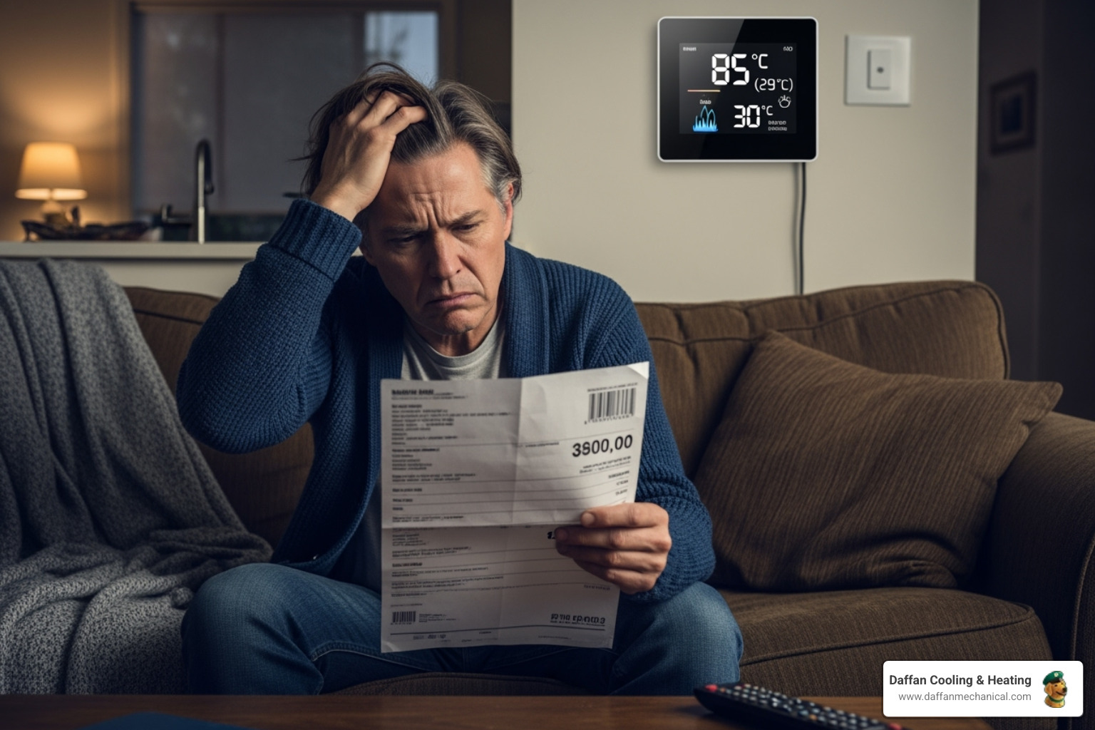 A homeowner sits on their couch, looking stressed while holding a surprisingly high energy bill, with a thermostat showing an uncomfortable temperature in the background. - heat pump replacement granbury tx