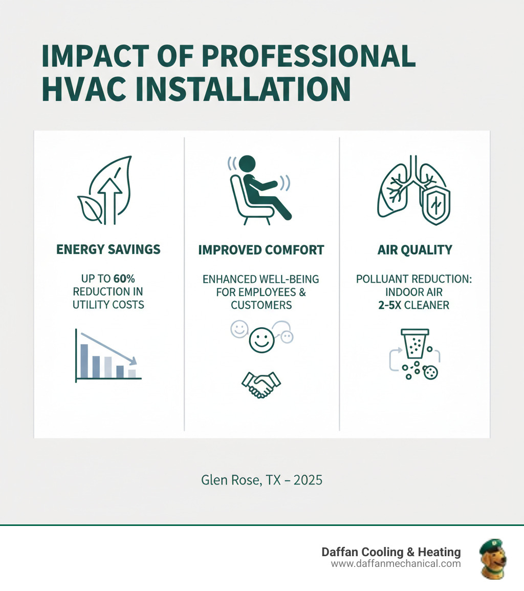 infographic showing three pillars of professional HVAC installation impact: energy savings with percentage reduction in utility costs, comfort level improvements for employees and customers, and indoor air quality enhancement with pollutant reduction statistics - commercial hvac installation glen rose infographic  infographic showing three pillars of professional HVAC installation impact: energy savings with percentage reduction in utility costs, comfort level improvements for employees and customers, and indoor air quality enhancement with pollutant reduction statistics - commercial hvac installation glen rose infographic