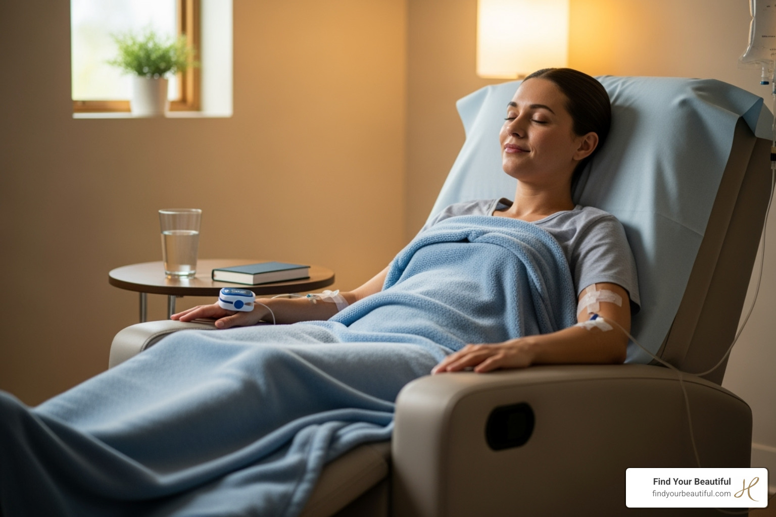 patient looking relaxed and comfortable in a post-procedure setting - awake plastic surgery near me