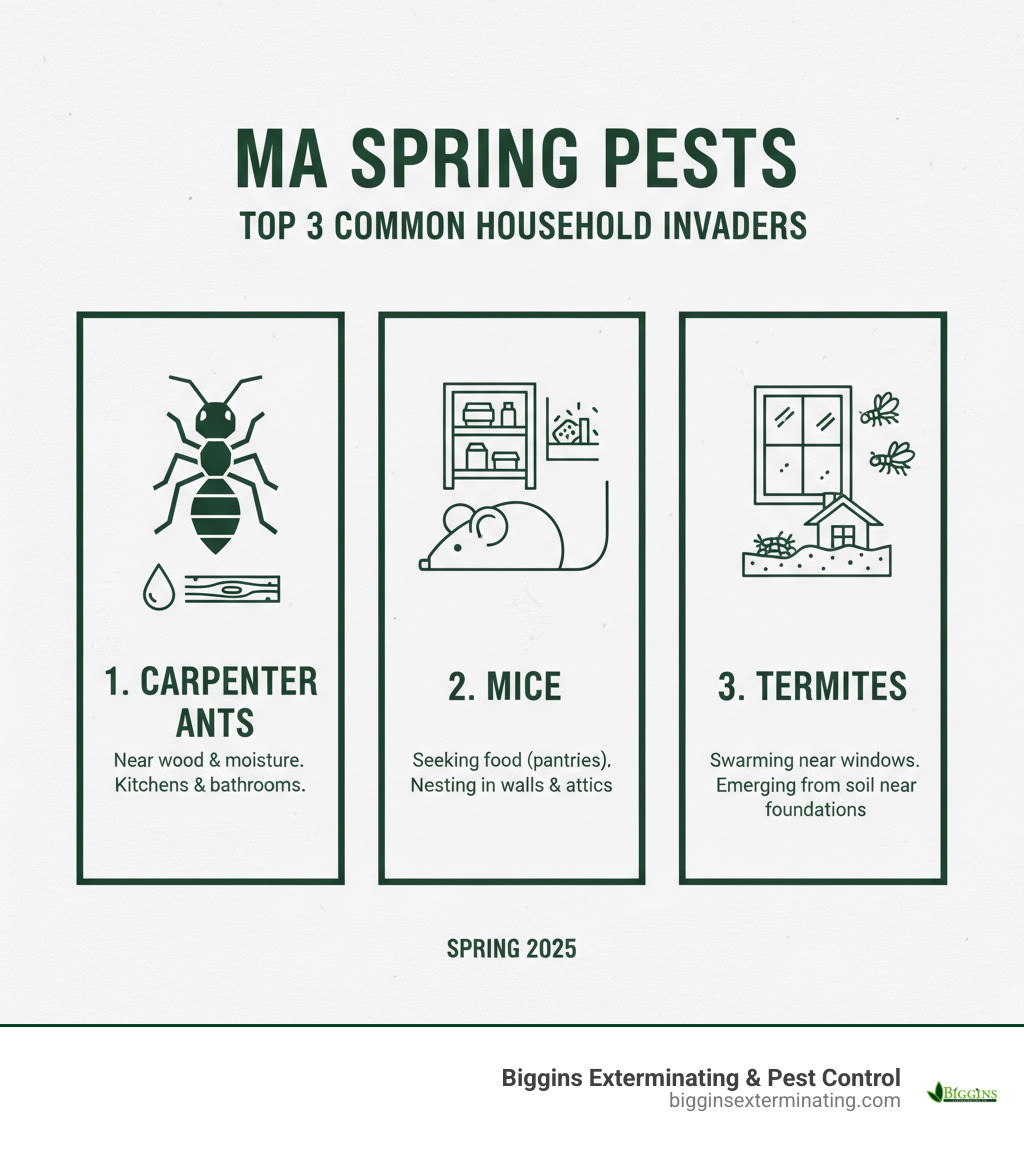 Infographic showing the top 3 most common household pests in Massachusetts during spring season: carpenter ants found near wood and moisture areas especially in kitchens and bathrooms, mice seeking food in pantries and nesting in walls and attics, and termites swarming near windows and emerging from soil near foundations - local pest exterminators infographic 