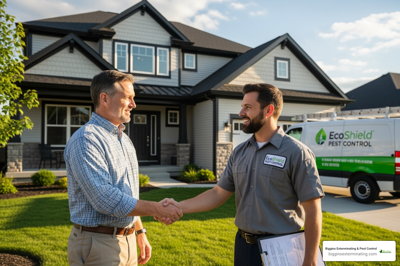 homeowner shaking hands with exterminator - local pest exterminators