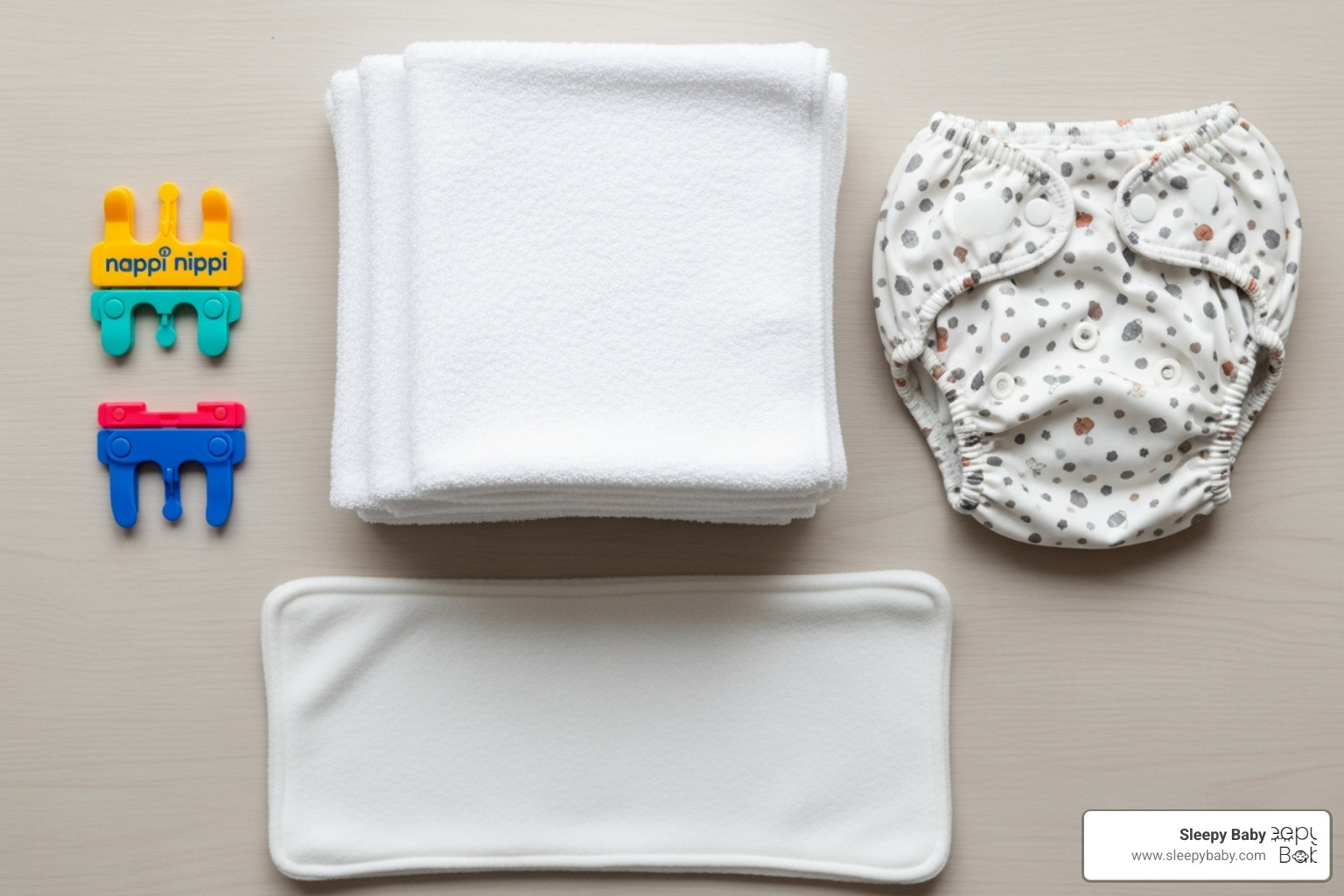 A neatly arranged flat lay of essential terry nappy accessories: a stack of white terry squares, a colourful Nappi Nippa, a patterned waterproof cover, and a soft white fleece liner - old fashioned terry nappies
