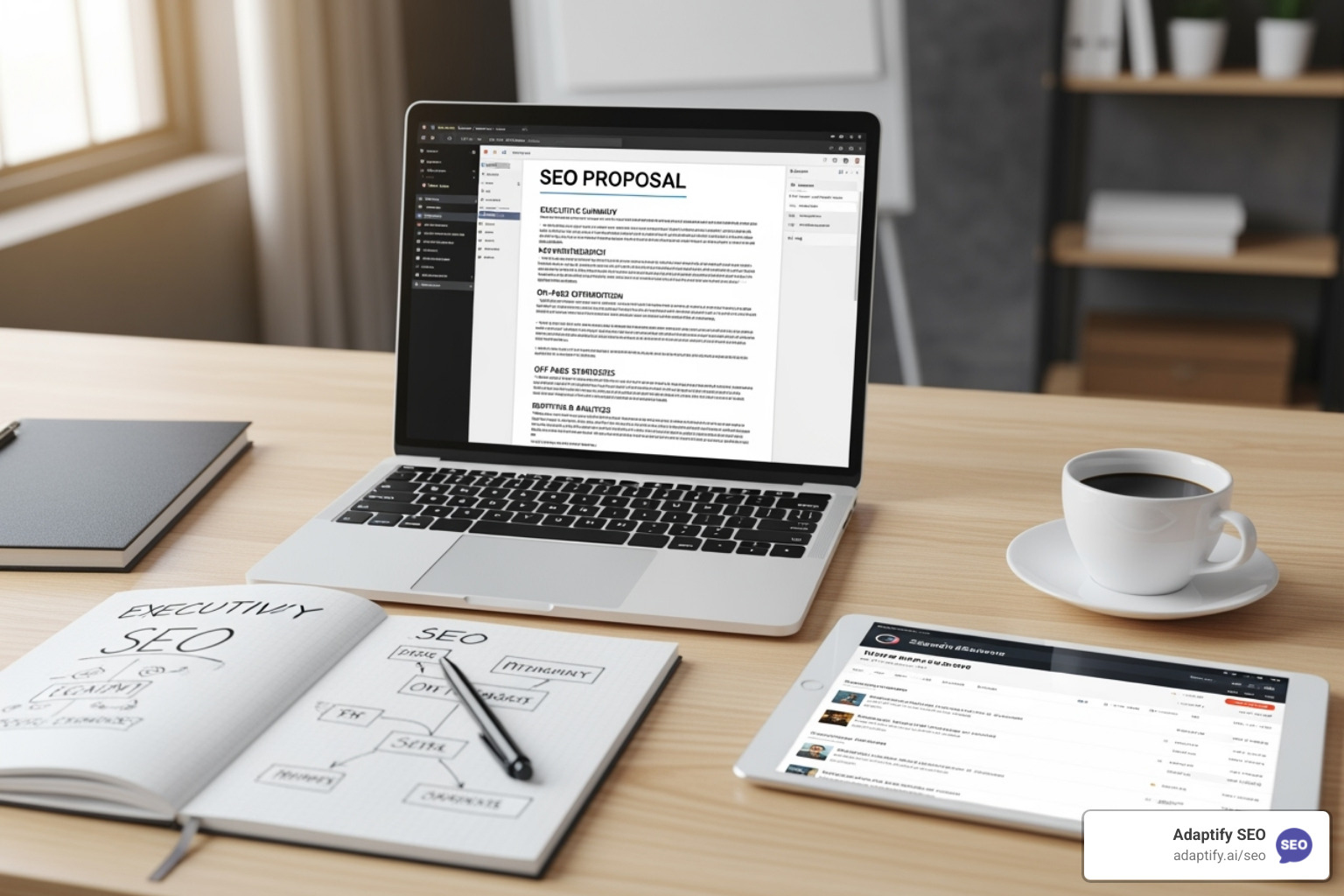 A checklist showing the core components of an SEO proposal: Executive Summary, Client Insights, Solutions & Deliverables, Goals & Timeline, Investment, Case Studies, Terms & CTA. - writing an seo proposal