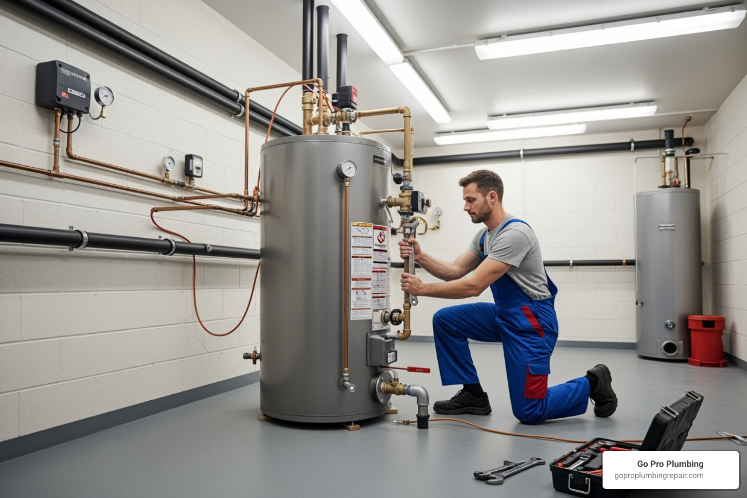 professional plumber installing a large commercial water heater - Commercial water heater professional plumber installing a large commercial water heater - Commercial water heater
