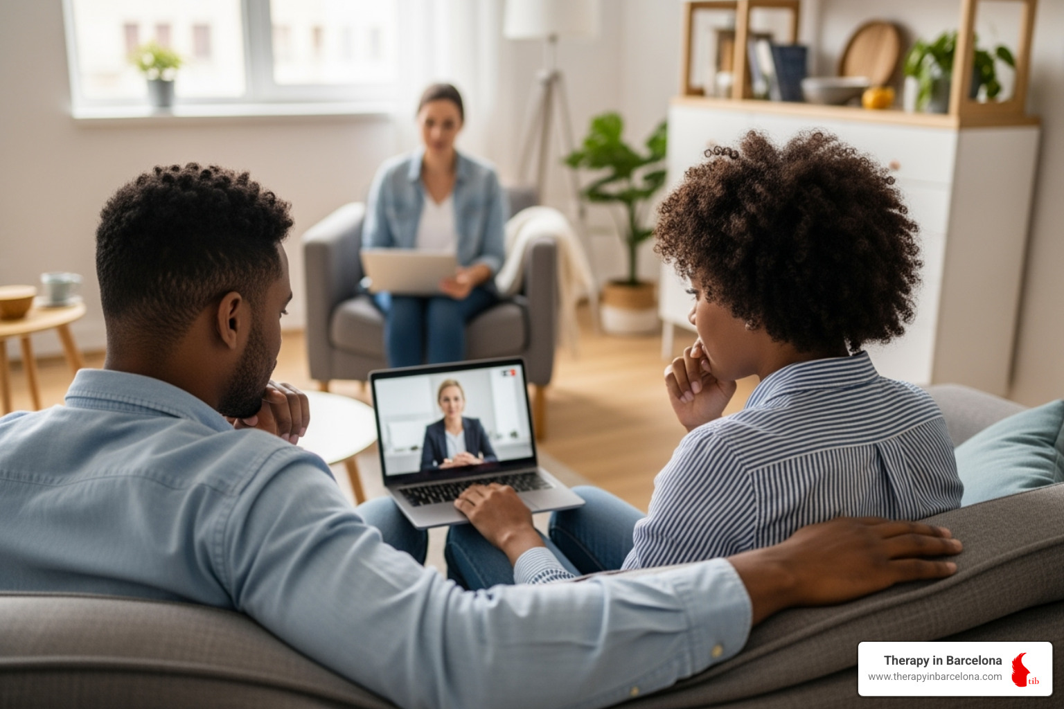 couple working collaboratively with a therapist online - interracial marriage counselling