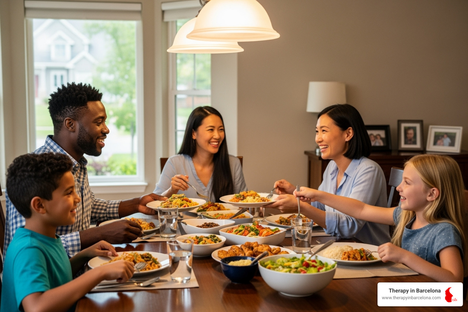 multicultural family sharing a meal - interracial marriage counselling
