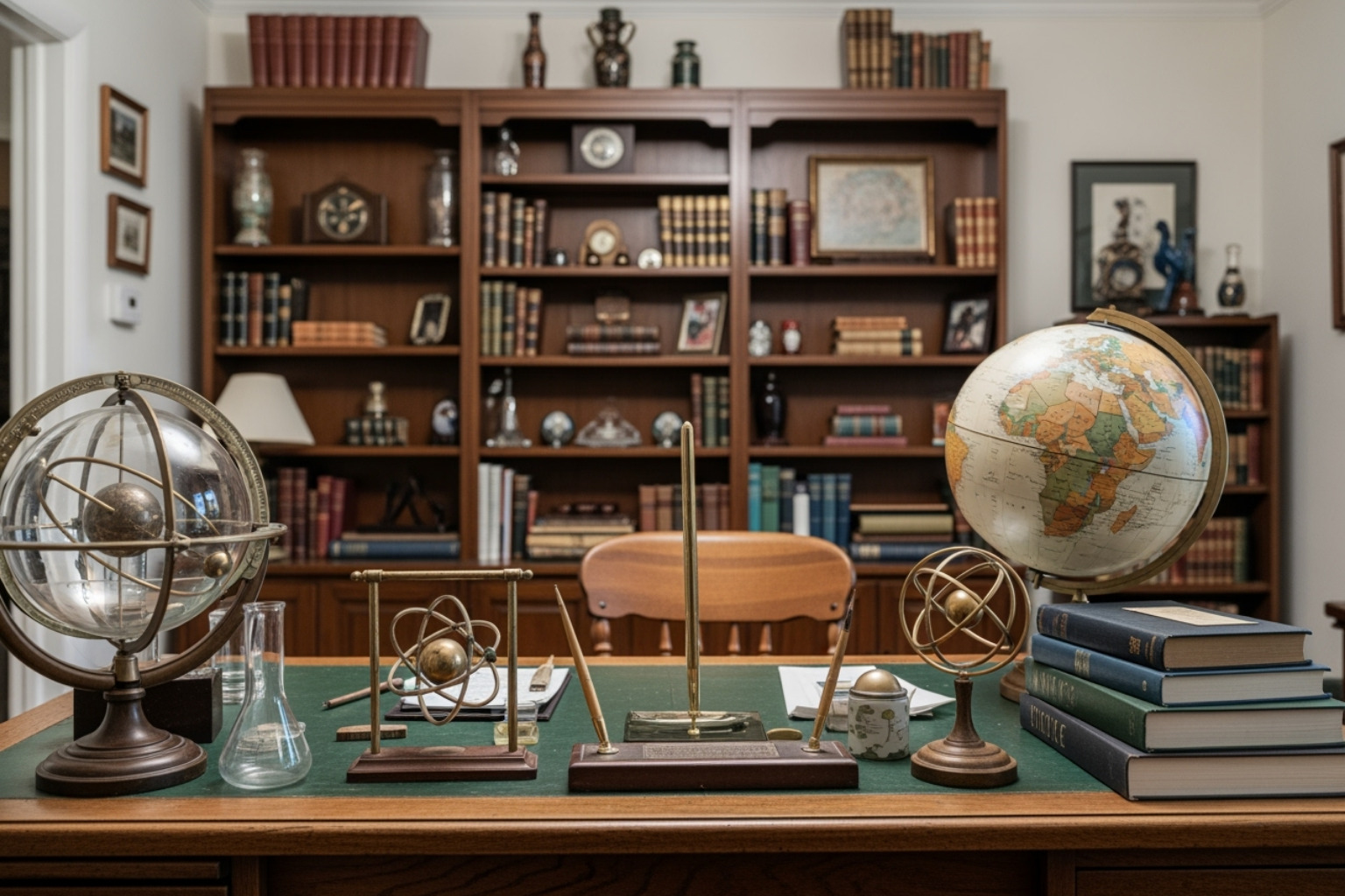 An office space with globes, model orreries, and vintage books on a wooden desk in a classic library. An office space with globes, model orreries, and vintage books on a wooden desk in a classic library.