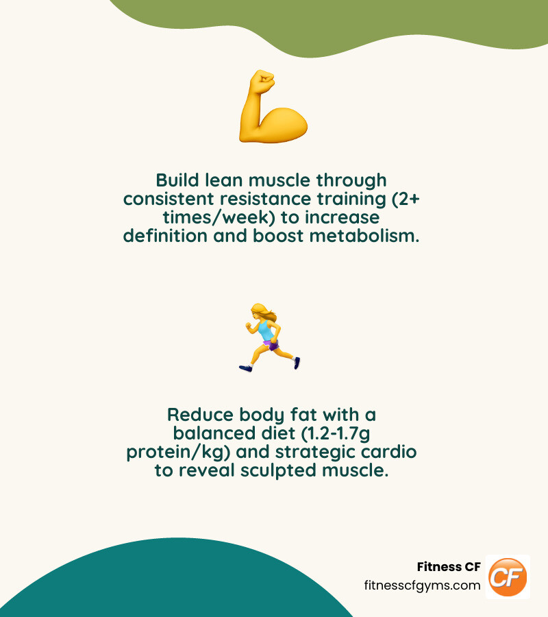 infographic showing two pillars of toning: muscle building through resistance training with dumbbells and barbells on left side, and fat reduction through cardio and nutrition with running shoes and healthy food on right side - toning gym infographic 2_facts_emoji_nature