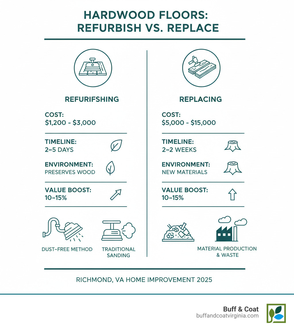Infographic comparing refinishing vs. replacing hardwood floors, showing cost differences ($1,200-$3,000 for refinishing vs. $5,000-$15,000 for replacement), timeline (2-5 days vs. 1-2 weeks), environmental impact (preserves existing wood vs. requires new materials), and value increase (10-15% property value boost for both options). Includes visual comparison of dust-free refinishing techniques and traditional methods. - floor refinishing richmond va infographic Infographic comparing refinishing vs. replacing hardwood floors, showing cost differences ($1,200-$3,000 for refinishing vs. $5,000-$15,000 for replacement), timeline (2-5 days vs. 1-2 weeks), environmental impact (preserves existing wood vs. requires new materials), and value increase (10-15% property value boost for both options). Includes visual comparison of dust-free refinishing techniques and traditional methods. - floor refinishing richmond va infographic