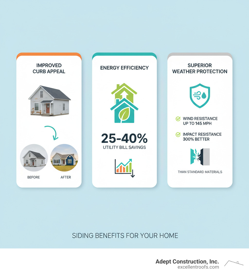 infographic showing three main benefits of new roofing installation: improved curb appeal with before and after home images, improved energy efficiency with utility bill savings percentages, and superior weather protection highlighting wind resistance up to 145 mph and impact resistance 300% better than standard materials - roofing installation naperville infographic infographic showing three main benefits of new roofing installation: improved curb appeal with before and after home images, improved energy efficiency with utility bill savings percentages, and superior weather protection highlighting wind resistance up to 145 mph and impact resistance 300% better than standard materials - roofing installation naperville infographic