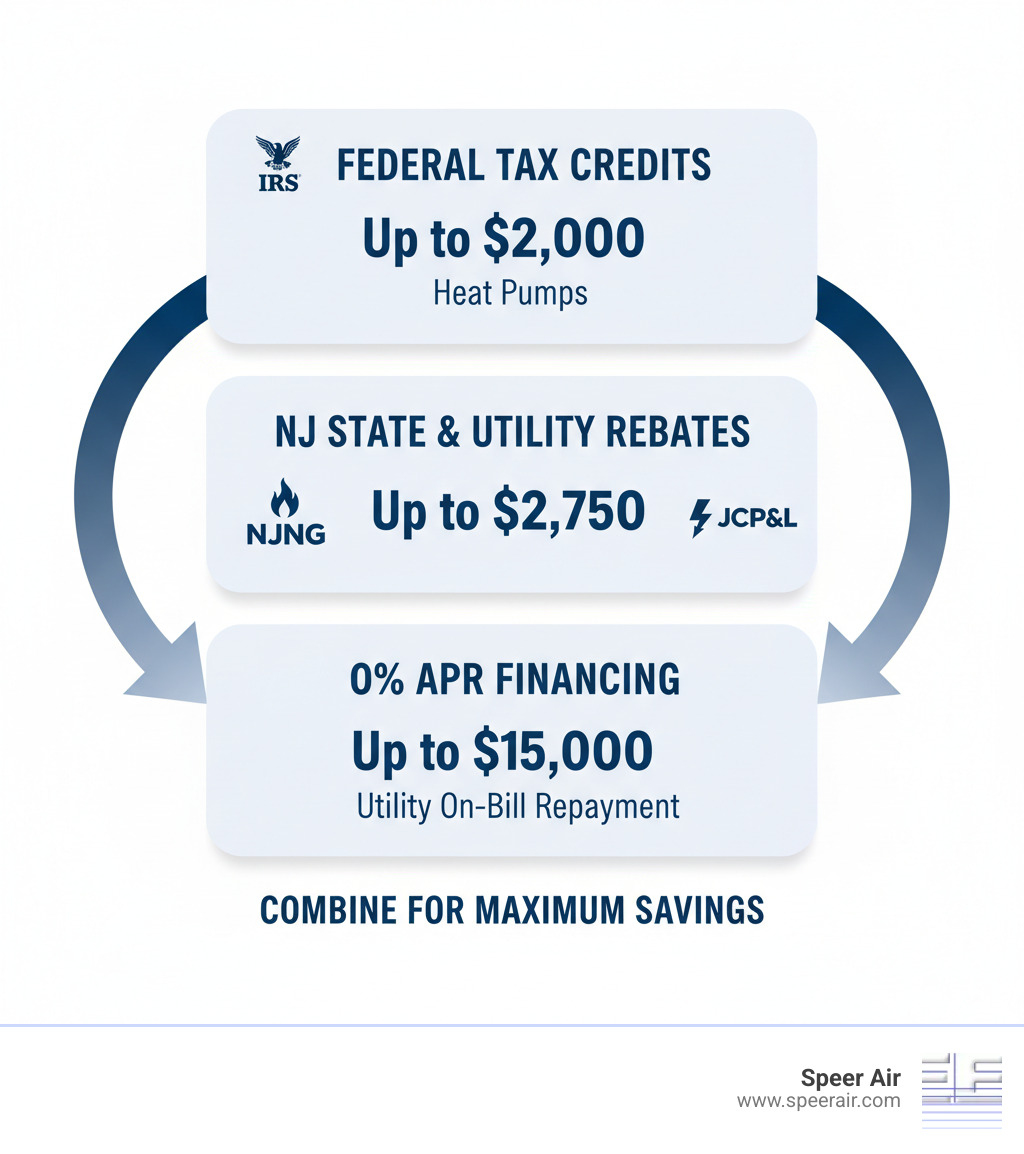 infographic showing three tiers of HVAC savings: Federal Tax Credits at the top with IRS logo and up to $2,000 for heat pumps, NJ State and Utility Rebates in the middle showing NJNG and JCP&L logos with amounts up to $2,750, and 0% APR Financing at the bottom showing up to $15,000 available through utility On-Bill Repayment Programs, with arrows indicating these can be combined for maximum savings - hvac rebates denville infographic 