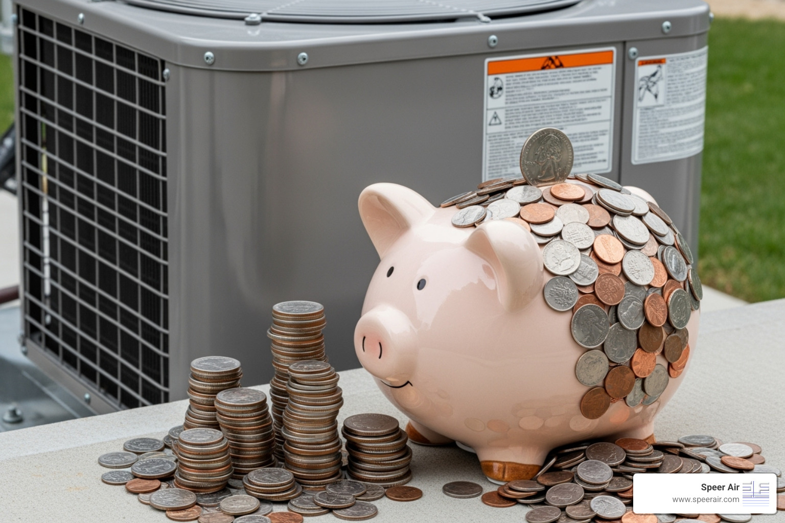 piggy bank overflowing with coins next to an HVAC unit - hvac rebates denville
