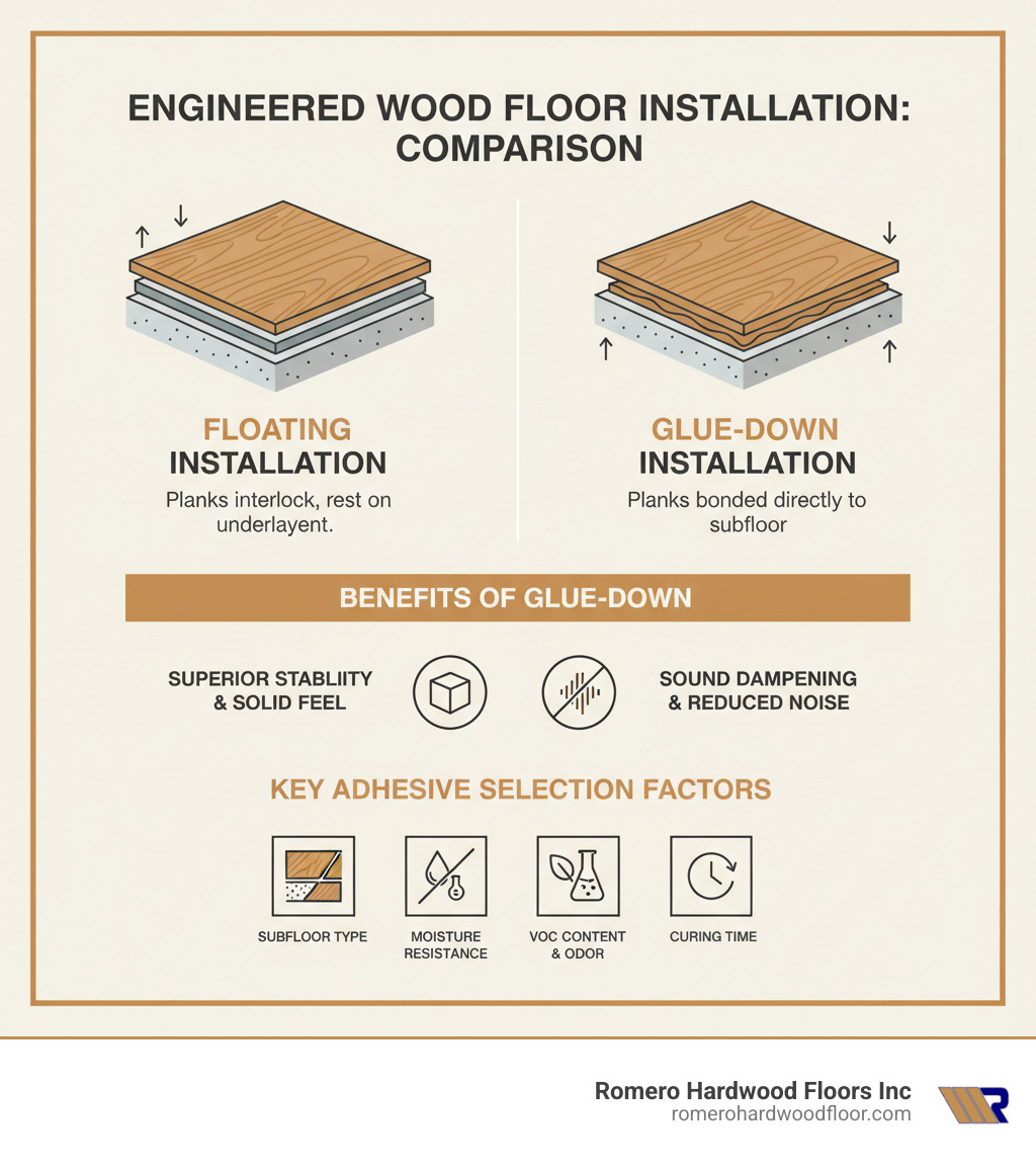 infographic showing comparison of floating installation versus glue-down installation for engineered wood floors, including cross-sections of each method, benefits of glue-down installation such as superior stability and sound dampening, and key factors to consider when choosing adhesive including subfloor type, moisture resistance, VOC content, and curing time - Engineered Wood Floor Adhesive infographic infographic showing comparison of floating installation versus glue-down installation for engineered wood floors, including cross-sections of each method, benefits of glue-down installation such as superior stability and sound dampening, and key factors to consider when choosing adhesive including subfloor type, moisture resistance, VOC content, and curing time - Engineered Wood Floor Adhesive infographic