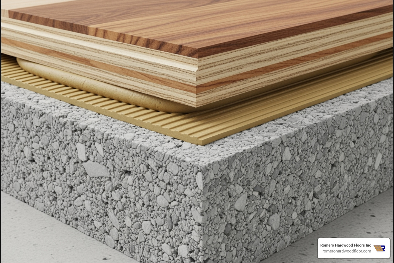 cross section of engineered wood plank on concrete subfloor with adhesive layer - Engineered Wood Floor Adhesive cross section of engineered wood plank on concrete subfloor with adhesive layer - Engineered Wood Floor Adhesive