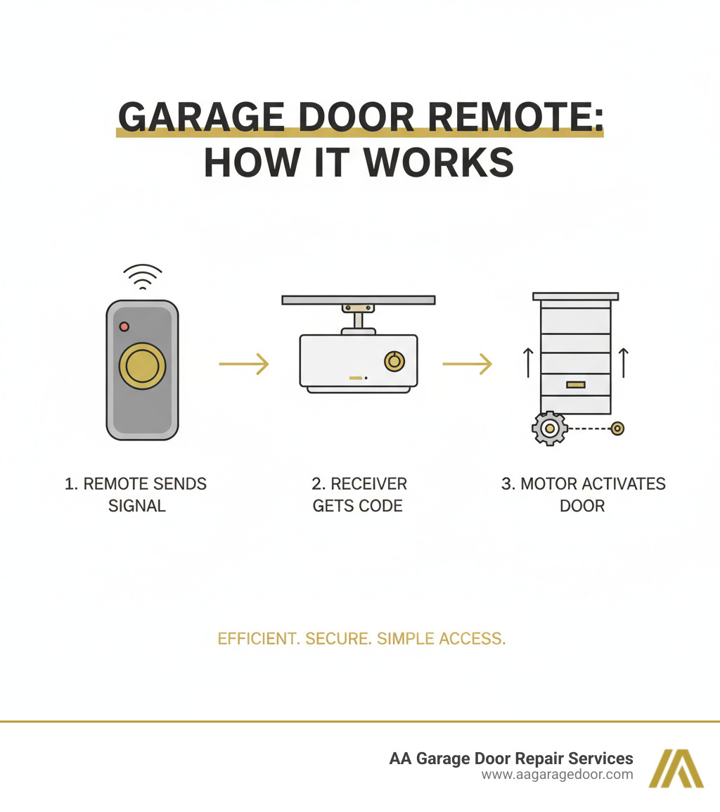 infographic explaining the basic signal transmission from a remote to the garage door opener motor - garage door opener remote infographic 