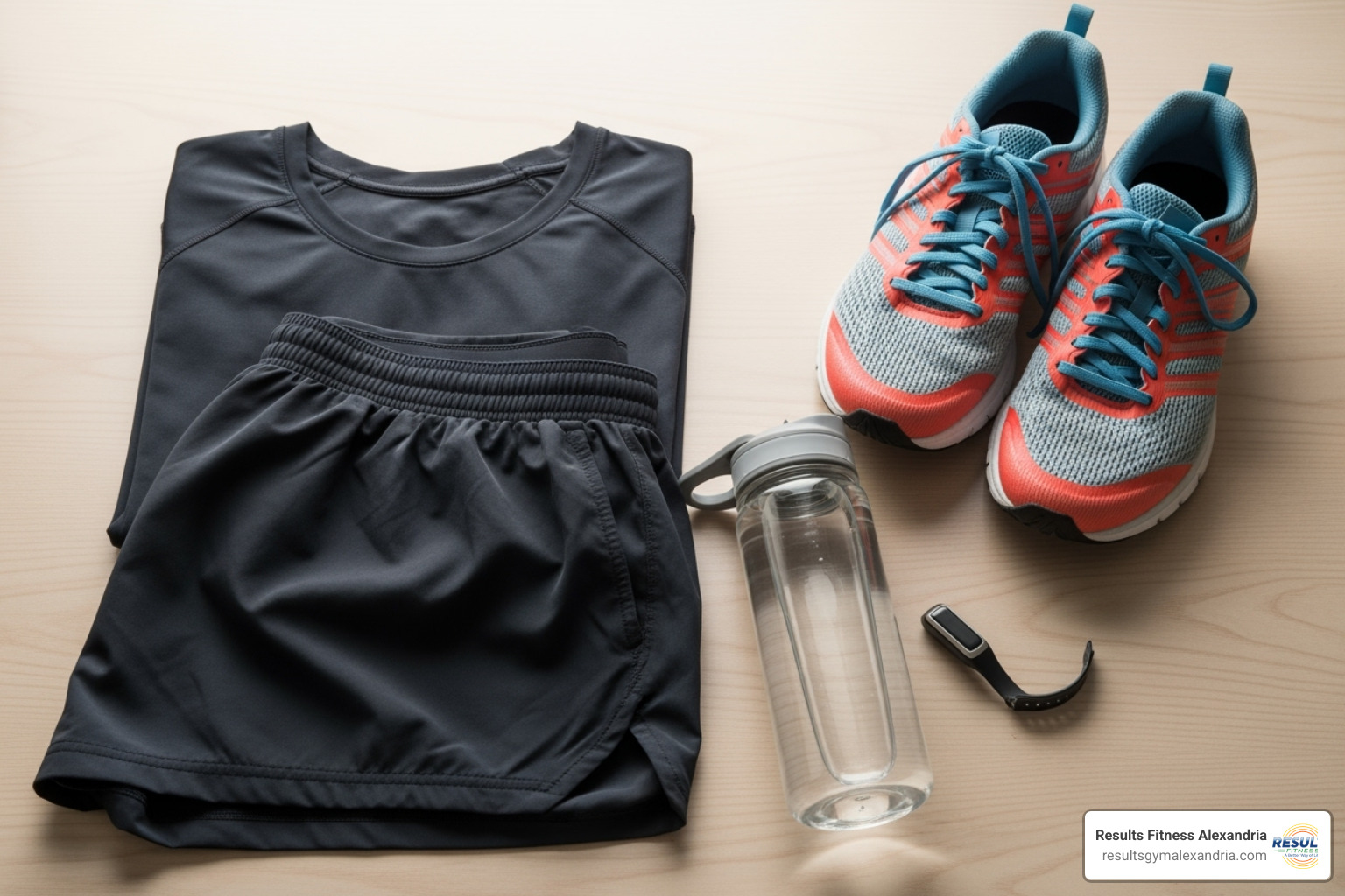 workout clothes, shoes, and a water bottle laid out the night before - early morning workout classes workout clothes, shoes, and a water bottle laid out the night before - early morning workout classes