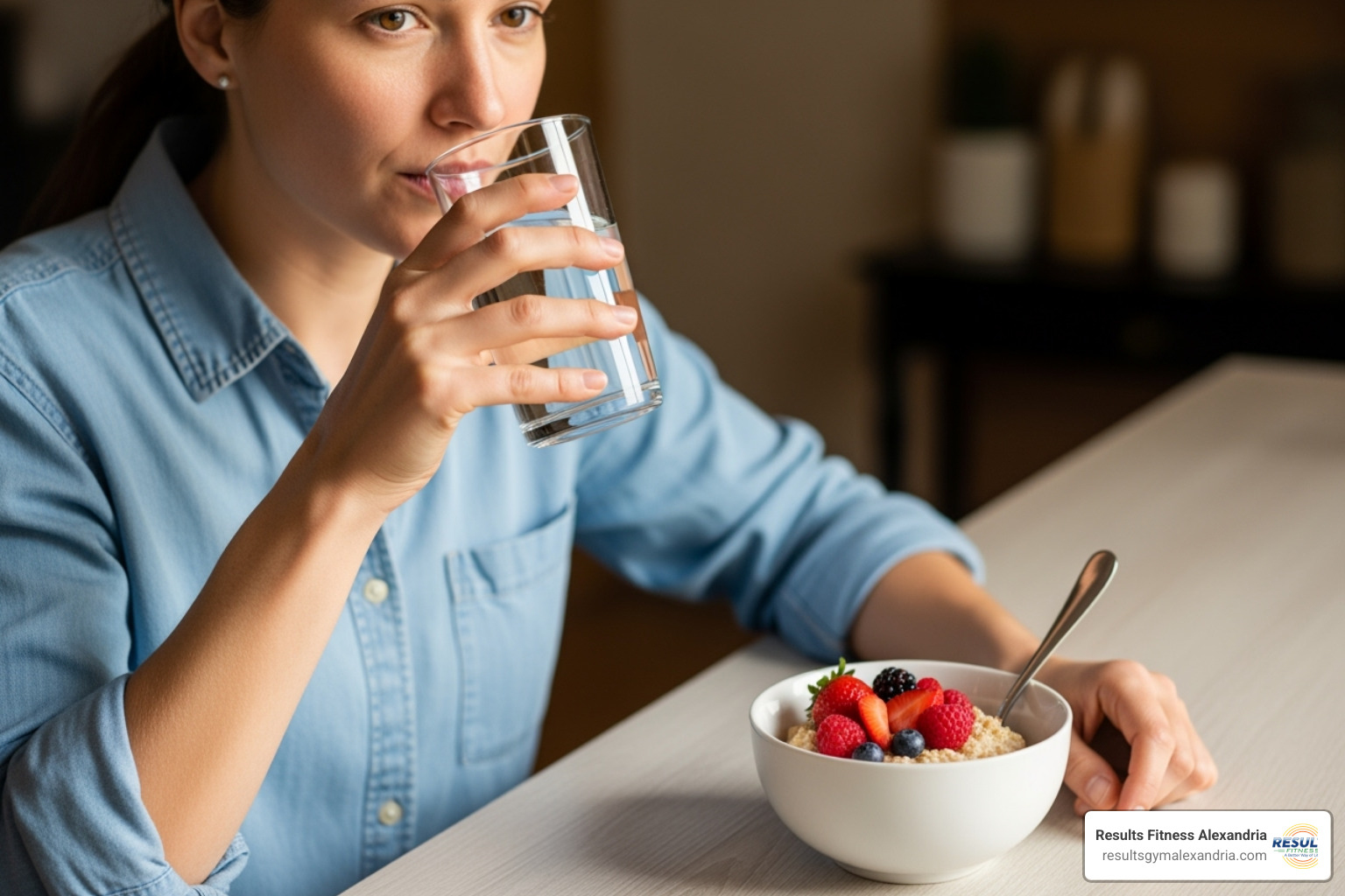 person drinking water next to a small bowl of oatmeal with berries - early morning workout classes person drinking water next to a small bowl of oatmeal with berries - early morning workout classes