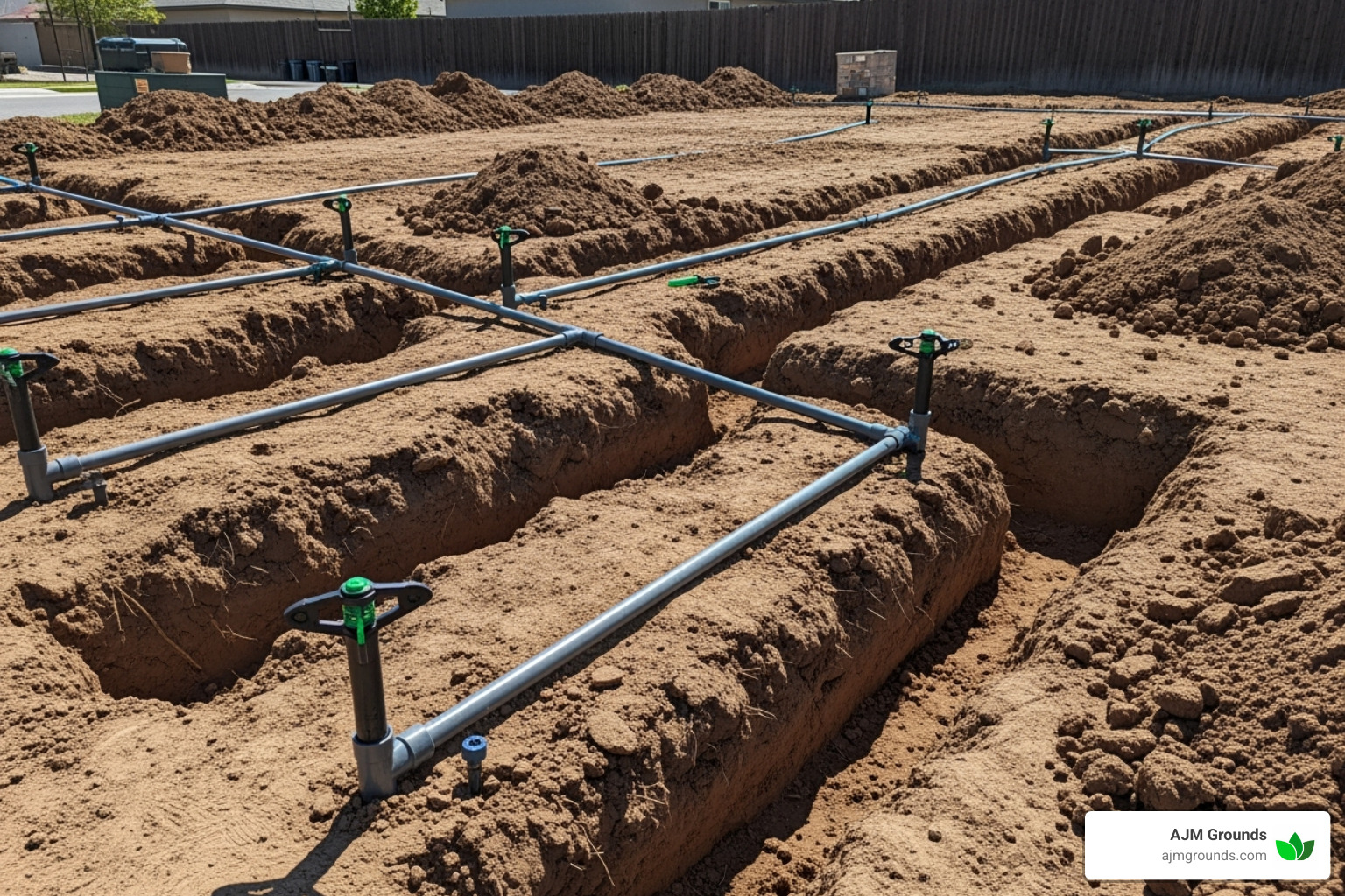 sprinkler system being installed in a yard before topsoil is added - cost to install a new lawn