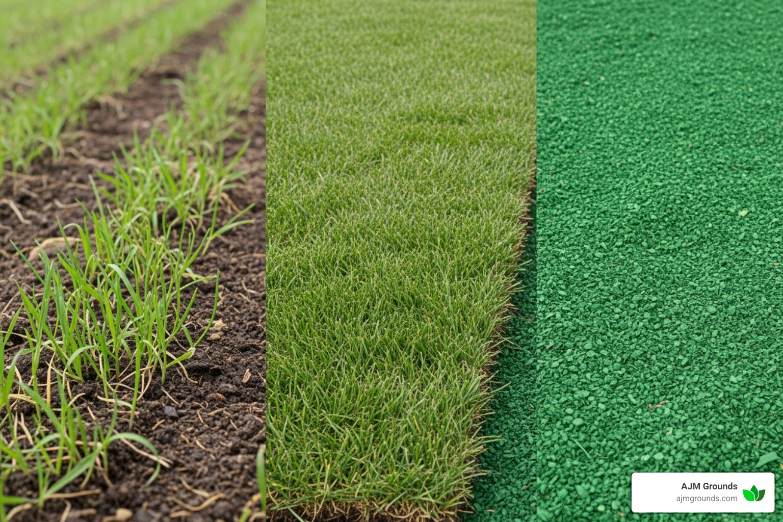 side-by-side comparison of a newly seeded area, a freshly laid sod patch, and a hydroseeded lawn - cost to install a new lawn
