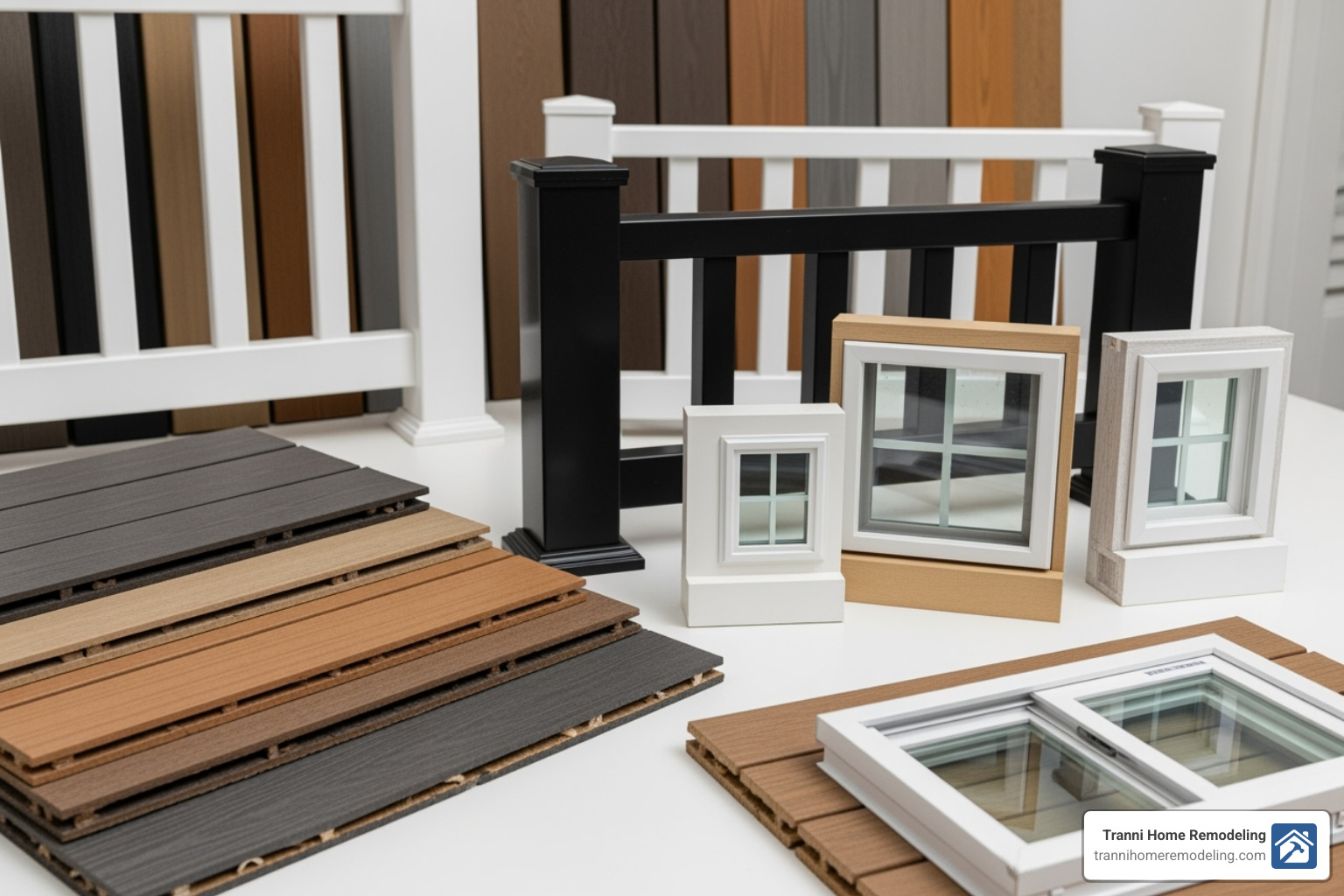 various material samples like composite decking, vinyl railings, and different window styles - enclosed porch contractors near me